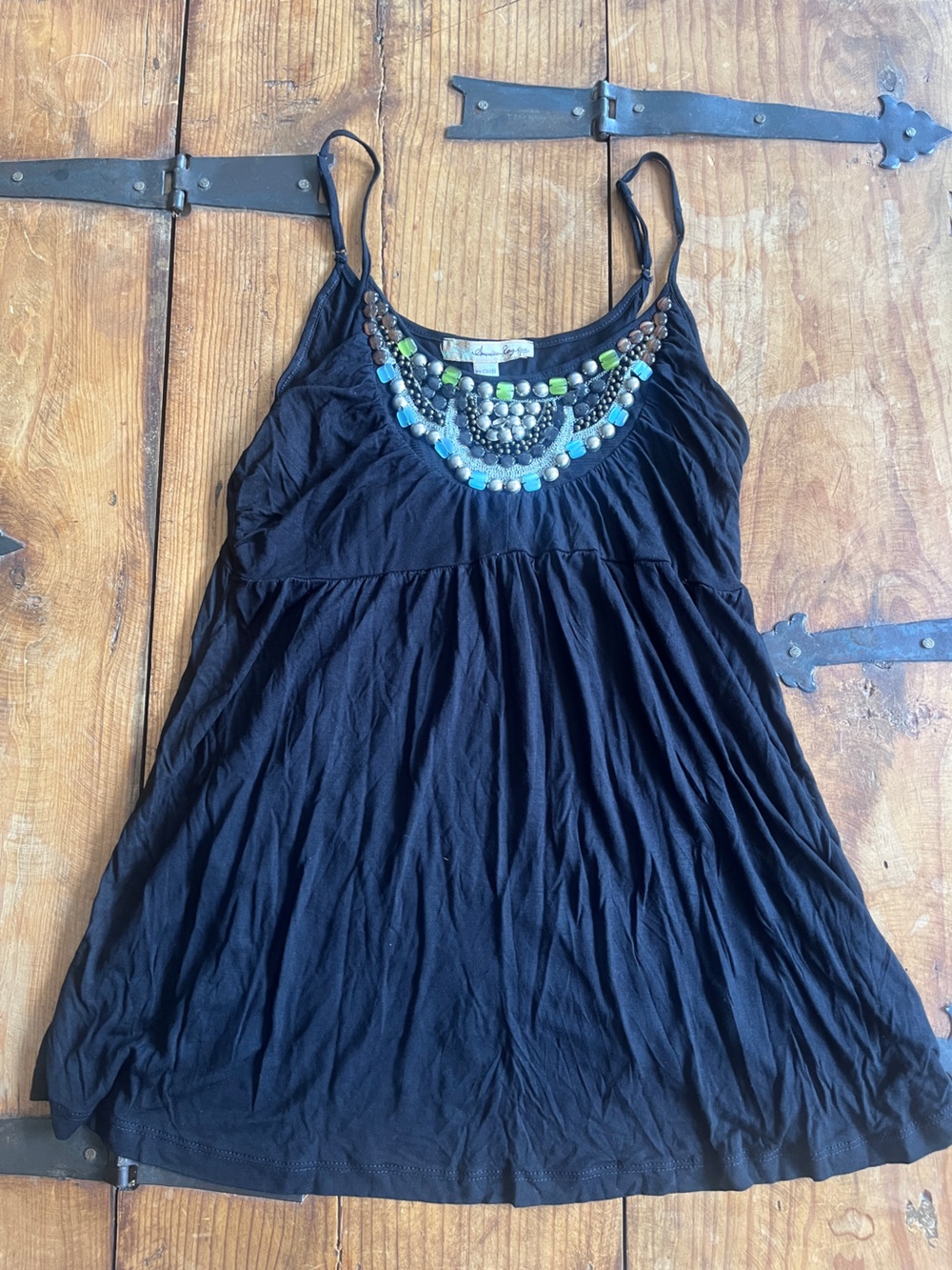 Beaded Neck Black Spaghetti Strap Women's Top